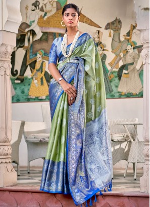 Blue and Green Tissue Weaving Contemporary Saree