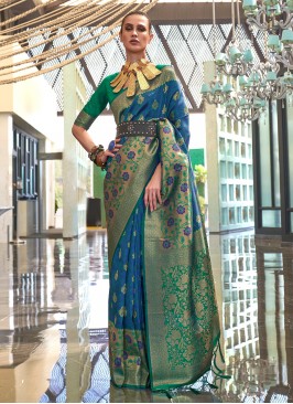 Blue and Green Weaving Handloom silk Contemporary 