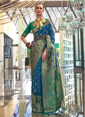 Blue and Green Weaving Handloom silk Contemporary Saree