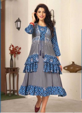 Blue And Grey Color Rayon Kurti With Koti