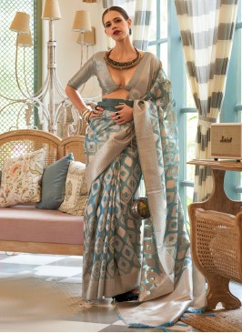 Blue and Grey Zari Trendy Saree