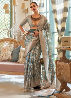 Blue and Grey Zari Trendy Saree