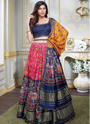 Blue And Pink Color Patola Print Lehenga