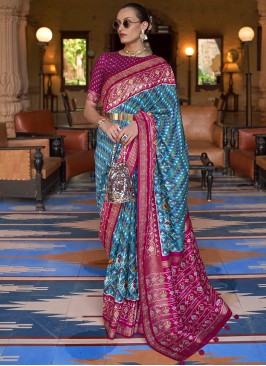 Blue And Pink Color Patola Silk Saree