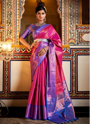 Blue and Pink Color Trendy Saree
