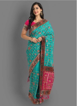 Blue And Pink Traditional Panetar Saree