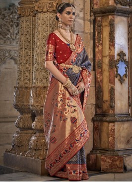 Blue and Red Banarasi Silk Weaving Classic Saree