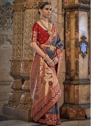 Blue and Red Banarasi Silk Weaving Classic Saree