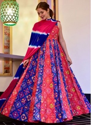 Blue and Red Cotton Silk Designer Gown