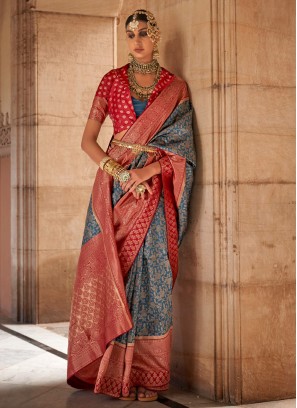 Blue and Red Weaving Designer Saree