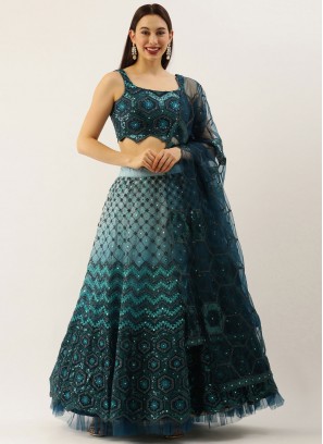 Blue and Teal Embroidered Trendy Lehenga Choli