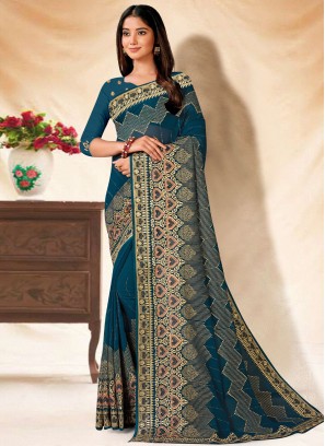 Blue and Teal Georgette Contemporary Style Saree