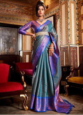 Blue and Turquoise Engagement Kanjivaram Silk Classic Saree