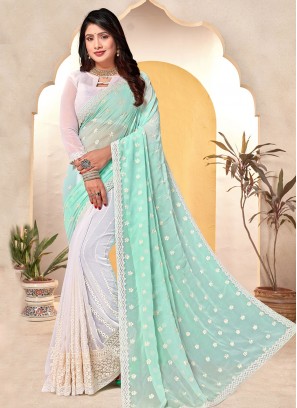 Blue and White Embroidered Trendy Saree