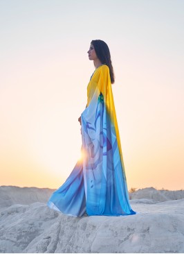 Blue And Yellow Satin Fancy Saree