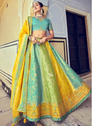 Blue and Yellow Silk Beads Lehenga Choli