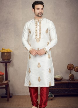 Off-White Art silk Kurta with Marron Churidar Bott