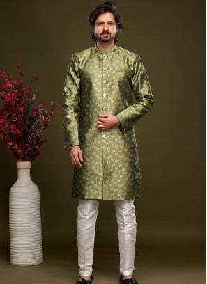 Green Banarasi Jacquard Indo Western Ensemble