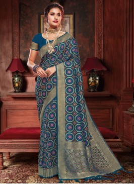 Blue Banarasi Silk Festival Classic Designer Saree