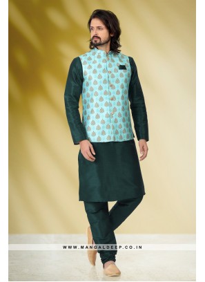 Green Banarasi Silk Kurta Pyjama with Digital Print Jacket Set