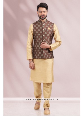 Brown Banarasi Silk Kurta Pyjama with Digital Print Jacket Set