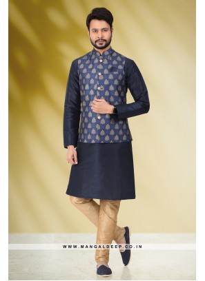 Blue Banarasi Silk Kurta Pyjama with Digital Print Jacket Set