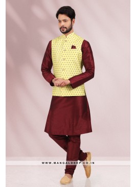 Yellow Banarasi Silk Kurta Pyjama with Digital Print Jacket Set