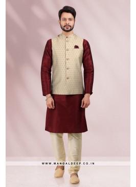 Banarasi Silk Kurta Pyjama with Digital Print Jacket Set