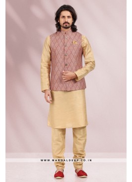 Maroon Banarasi Silk Kurta Pyjama with Digital Print Jacket Set