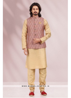 Maroon Banarasi Silk Kurta Pyjama with Digital Print Jacket Set