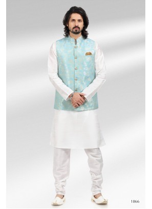 Blue Banarasi Silk Kurta Set with Nehru Jacket