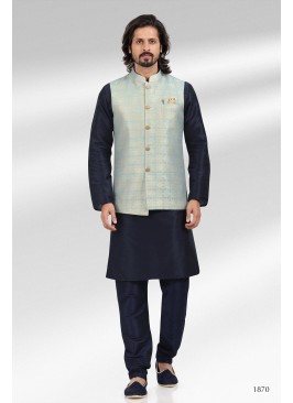 Blue Banarasi Silk Kurta Set with Nehru Jacket