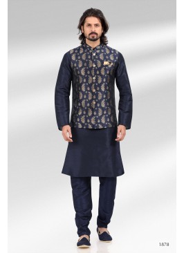 Blue Banarasi Silk Kurta Set with Nehru Jacket