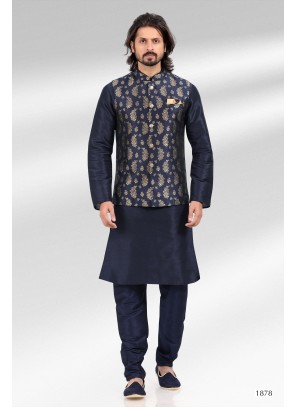 Blue Banarasi Silk Kurta Set with Nehru Jacket