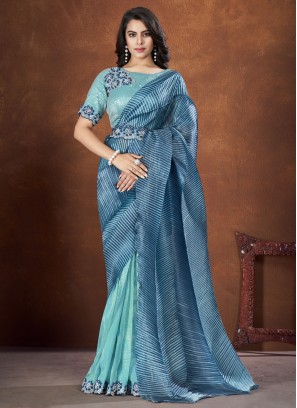 Blue Banarasi Silk Thread Work Classic Saree