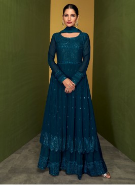 Blue Ceremonial Pure Georgette Readymade Salwar Suit