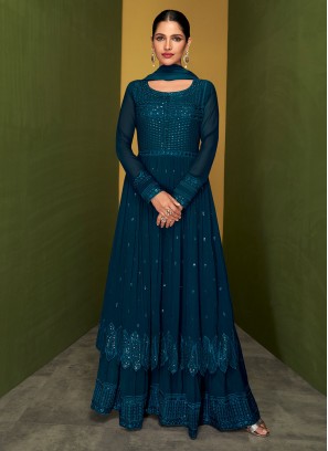Blue Ceremonial Pure Georgette Readymade Salwar Suit