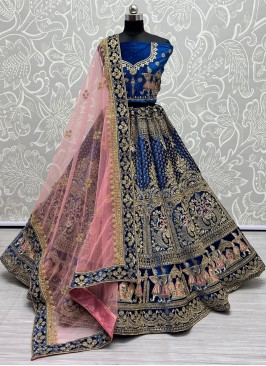 Blue Ceremonial Velvet Lehenga Choli