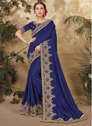 Blue Ceremonial Vichitra Silk Contemporary Saree
