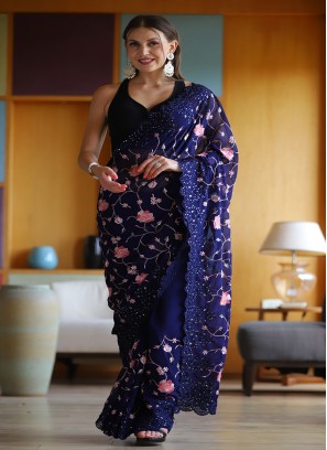 Blue Color Applique Flower Saree