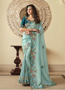 Blue Color Art Silk Embroidered Saree