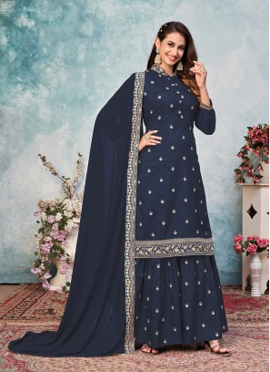 Blue Color Art Silk Embroidered Sharara Suit
