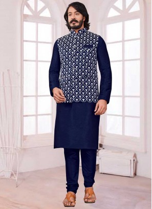 Blue Color Art Silk Kurta Jacket Set