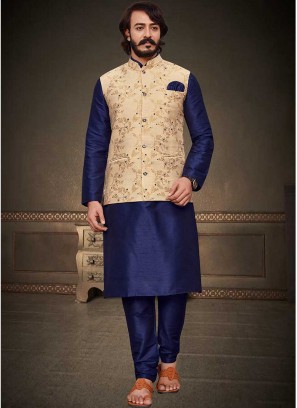 Blue Color Art Silk Kurta With Jacket