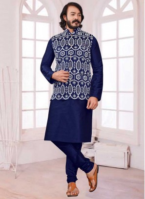 Blue Color Art Silk Mens Kurta Jacket Set