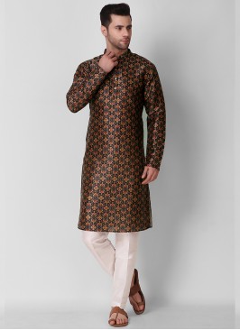 Blue Color Art Silk Print Mens Kurta Set