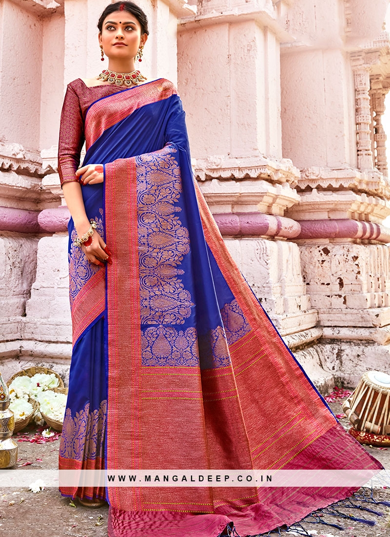 blue color banarasi silk designer saree 33818