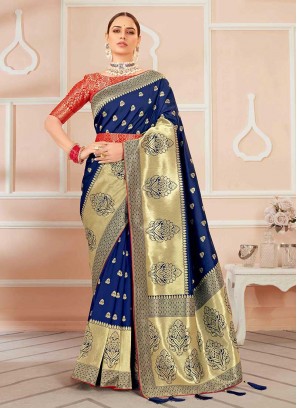 Blue Color Banarasi Silk Traditional Wear Saree