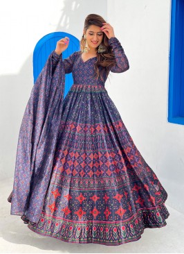 Blue Color Chanderi Printed Gown