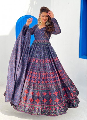 Blue Color Chanderi Printed Gown